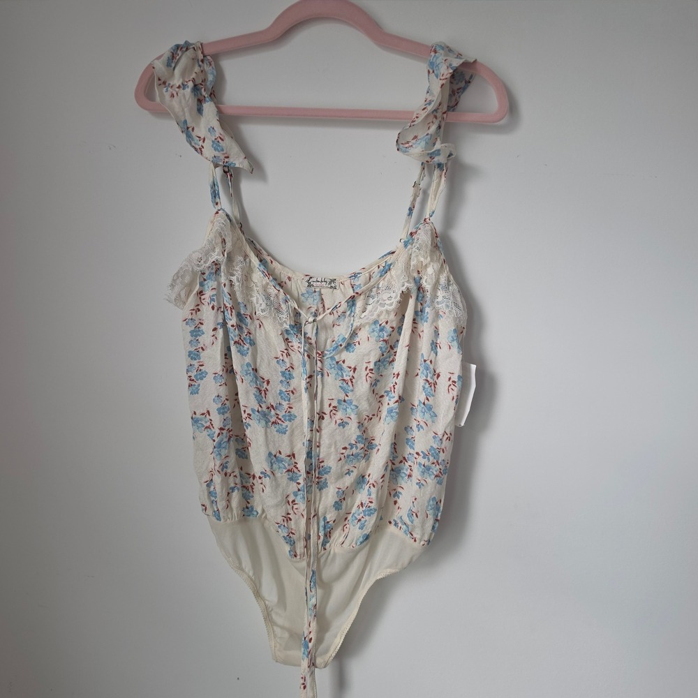 Intimately Free People Floral Lace Trim Tie Shoulder Bodysuit Cream Blue Medium